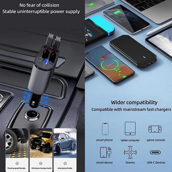 Car charger with multiple devices being charged, including smartphones and tablets, with text highlighting features like stability and compatibility.
