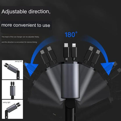 Multi-port car charger with adjustable direction feature on a dark background