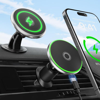Wireless car charger with smartphone on a dashboard, charging app displayed.