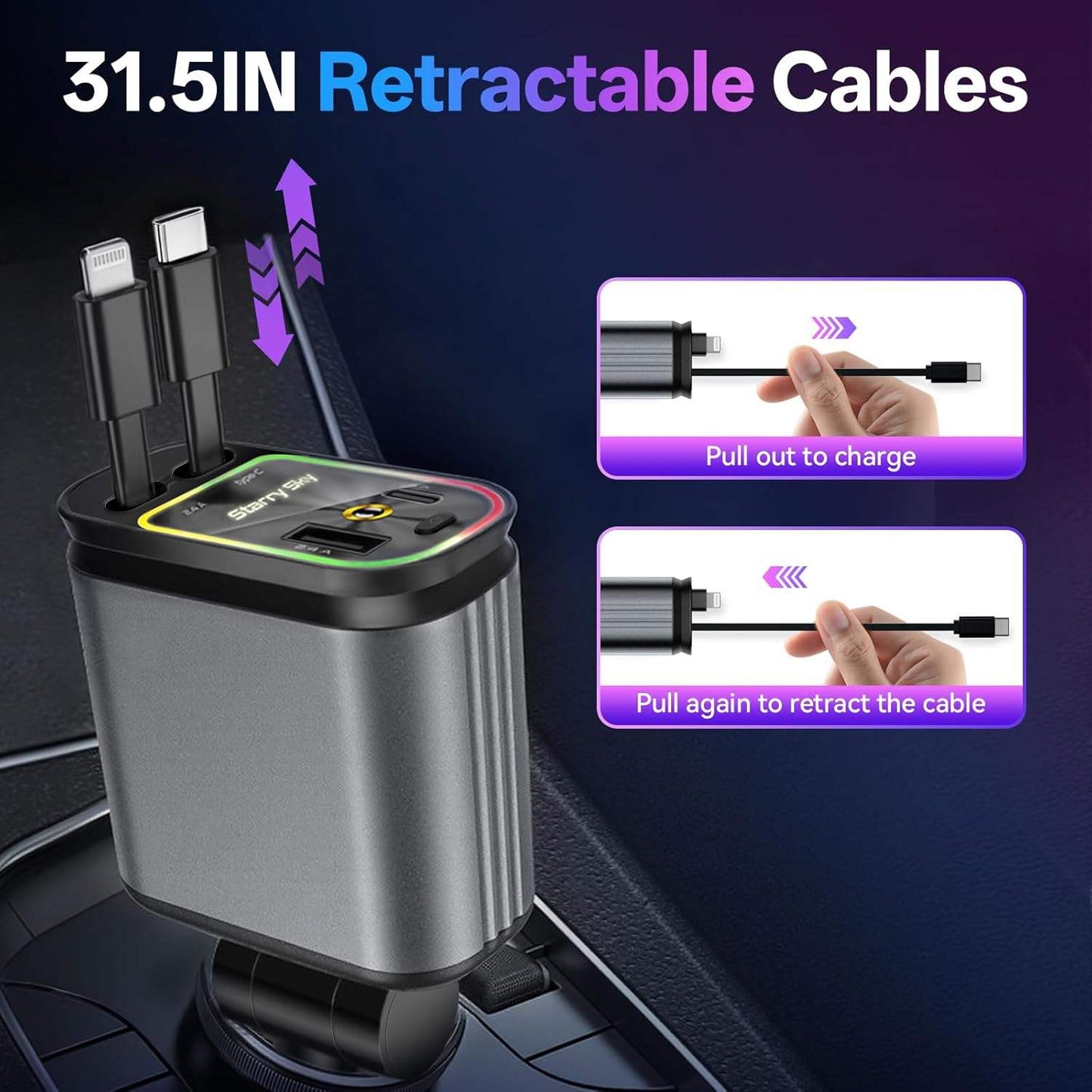 Retractable cable organizer with charging functions on a dark background