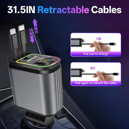 Retractable cable organizer with charging functions on a dark background