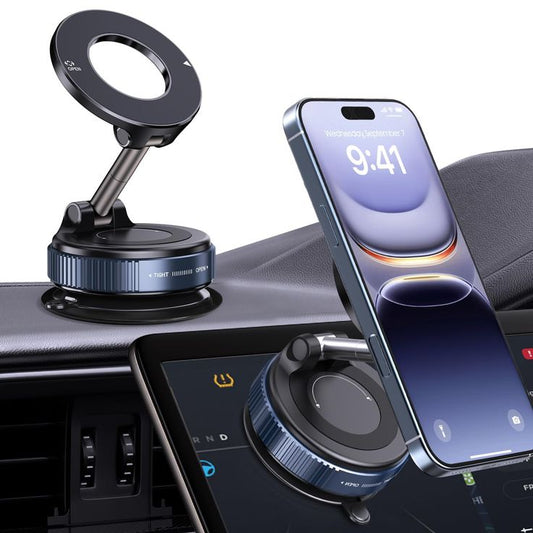 Car phone holder with smartphone displaying time on a car dashboard