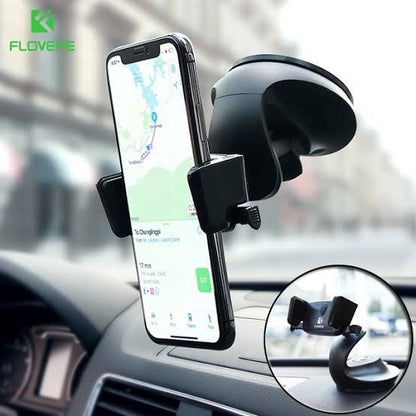 Car phone holder with smartphone displaying navigation app, brand 'FLOVEME' visible.