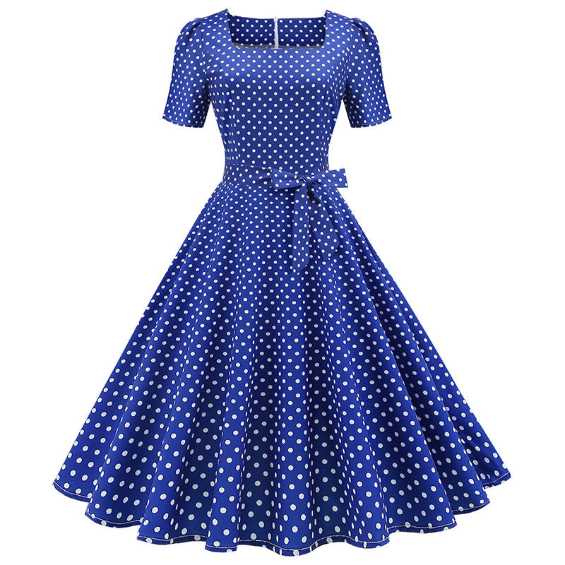 Square Collar Polka-dot Slim-fit Large Swing Dress
