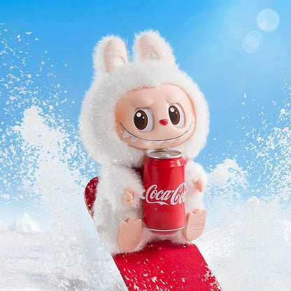 Animated character in a winter outfit holding a Coca-Cola can against a snowy background